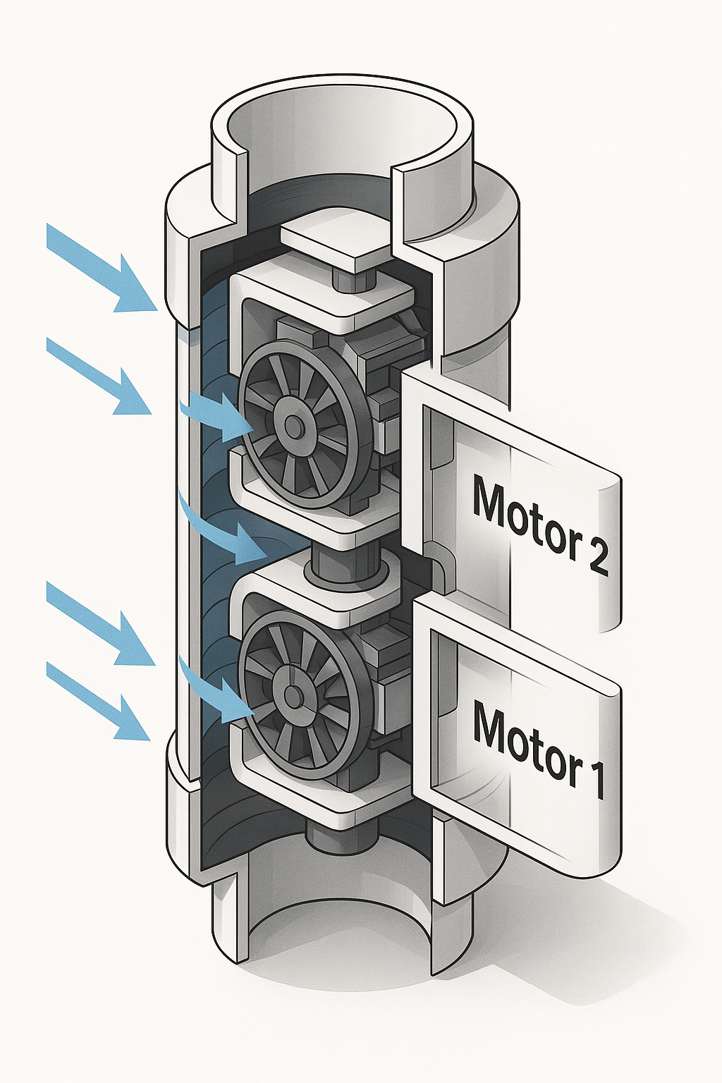 Diagrama de funcionamiento interno de una turbina de correo neumático
